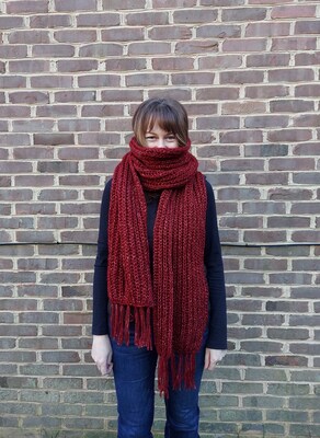 Hand-knit Extra Long (82") Classic Brioche Burgundy Scarf and Beanie Hat Set - image1